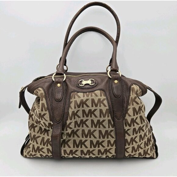 Michael Kors Logo Monogram Brown Tan Leather Gold Shoulder Bag 17 X 11 X 7 EUC - Picture 1 of 9